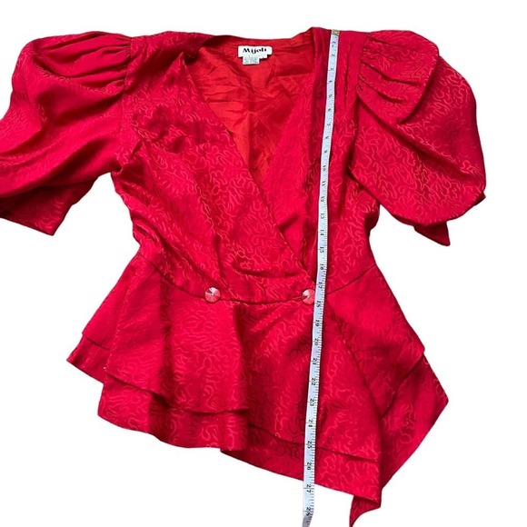 Vintage Mijoli Blouse Silk Puff Sleeves Iridescent Red Faux Wrap Top Sz 6 - Picture 13 of 16